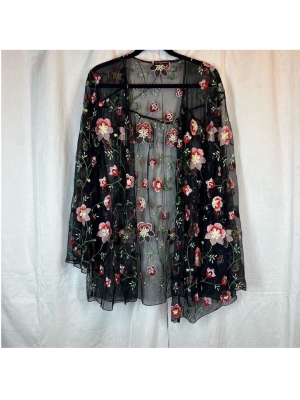 Boutique Cha Cha Vente Sheer Mesh Embroidered Floral Cardigan Whimsy Goth